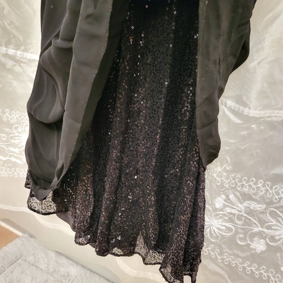 Black Sequin Evening Gown, Silk Chiffon Overlay, Aidan Mattox, 4 - Picture 9 of 17